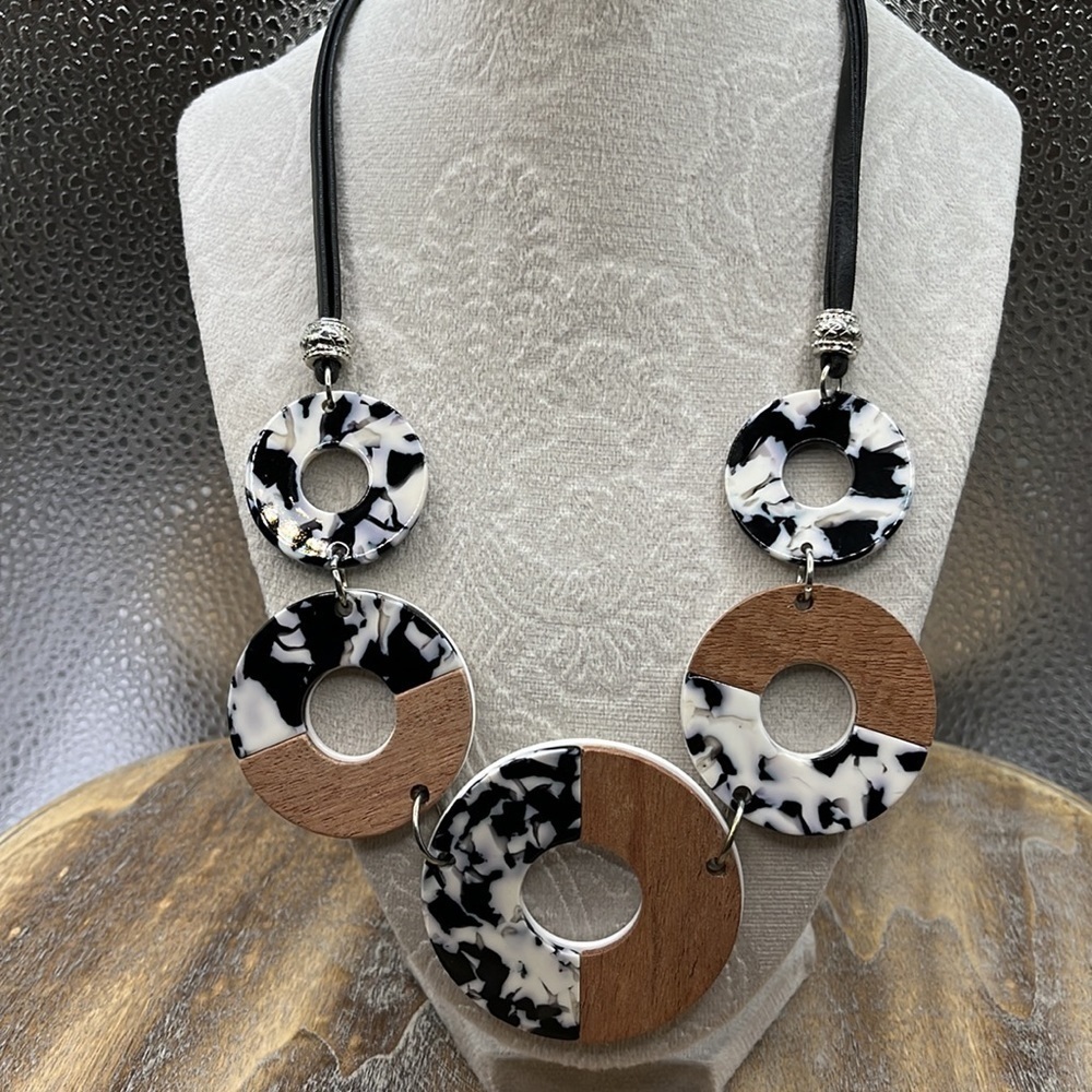 1946 Circle Pendant Leather With Silver Findings Black White Wood Unique Necklac